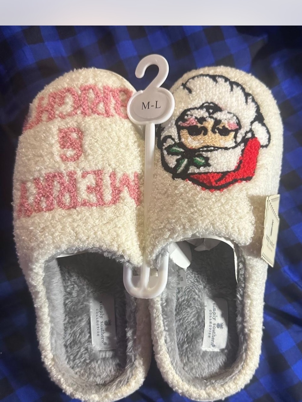 Simply Southern Cream Holiday Character Cozy Slippers with Pink Lettering